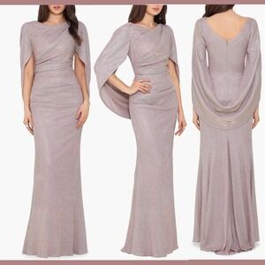 NEW $299 Betsy & Adam [ 12 ] Glitter Drape Cape Sleeve Trumpet Gown Pink #S2090